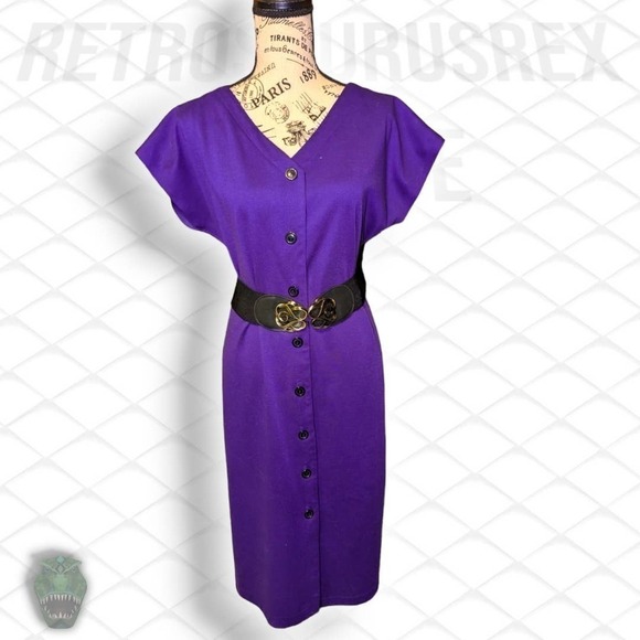 Vintage 1980's Grape Purple Rockabilly Twee Button Front / Back Secretary Dress - Picture 3 of 11